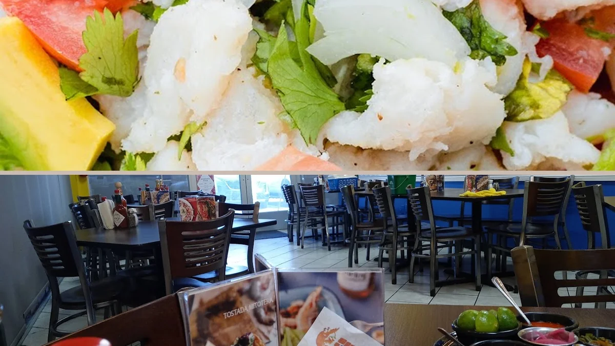 Dining room tables in a family-friendly seafood spot.