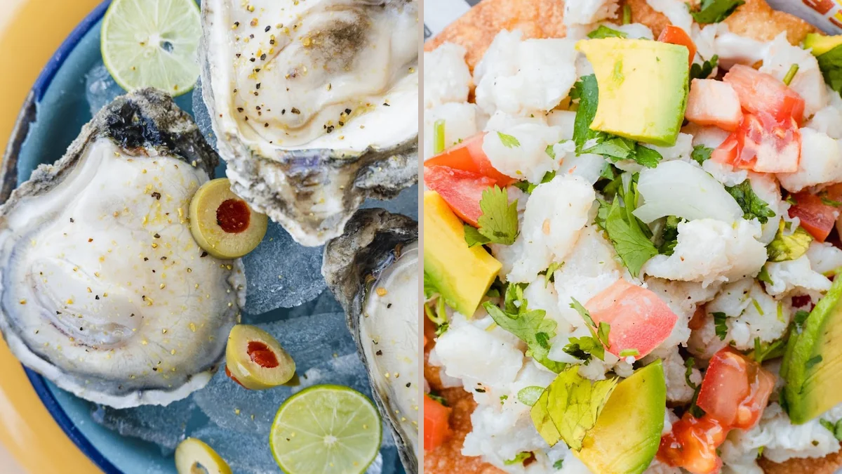 Seafood plates on a casual restaurant table.
