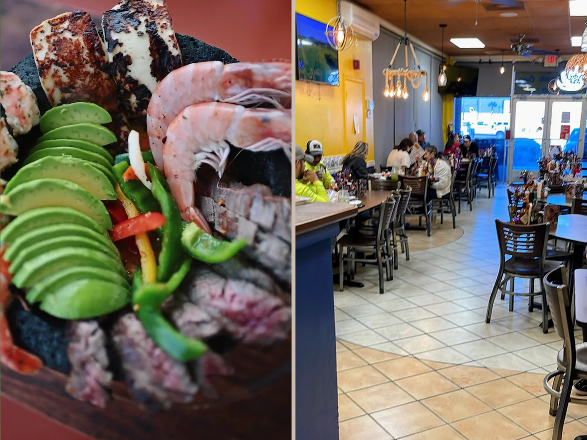 Dining room tables in a family-friendly seafood spot.